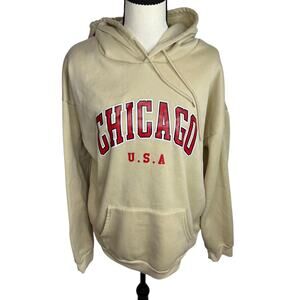Chicago USA Oversized Hoodie Womens XL Cream Beige Graphic Pullover